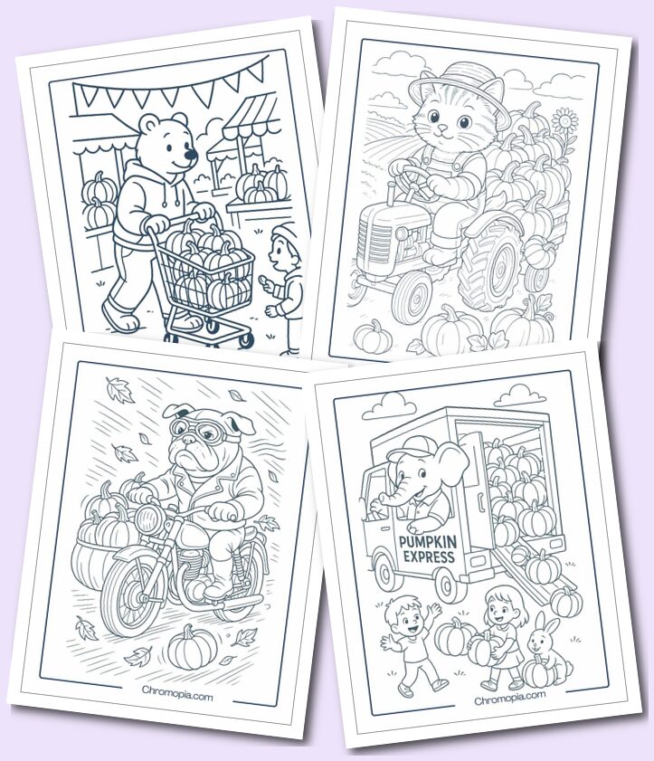 Animals riding with pumpkins Coloring pages