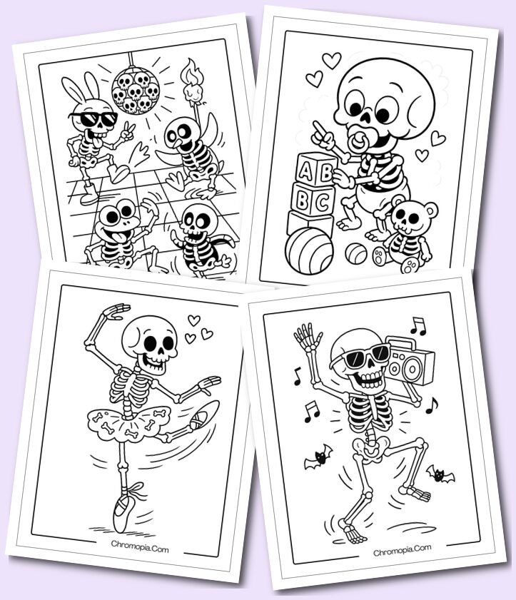 Cartoon Funny, Cute Skeleton Coloring Pages for Kids