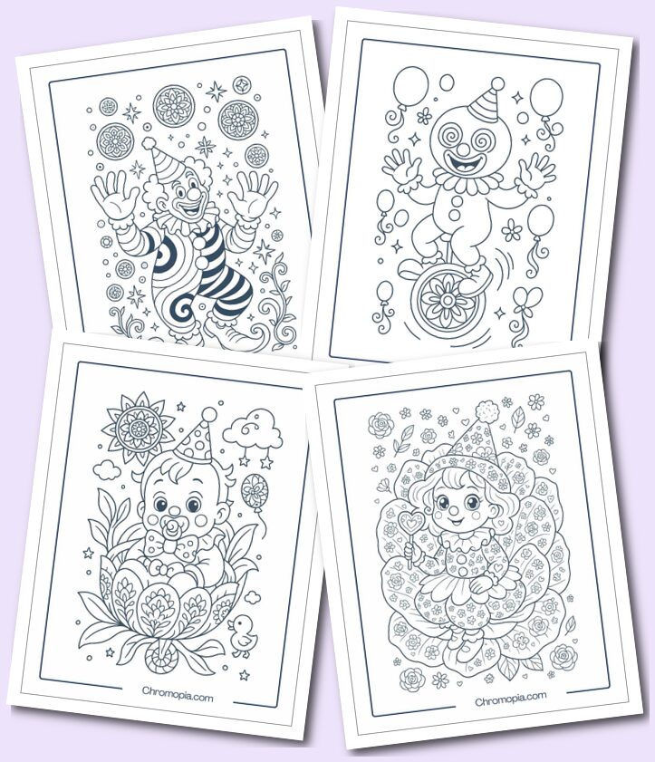 Cartoon-style, exaggerated, aesthetic floral, and mandala-themed clowns.
