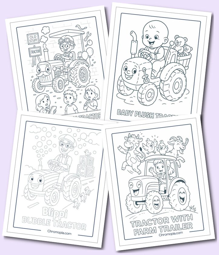 cartoon-style, funny, cute, kid-friendly tractor coloring pages