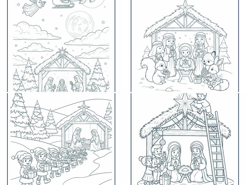 Christmas Nativity Coloring Pages with Festive Characters and Backgrounds