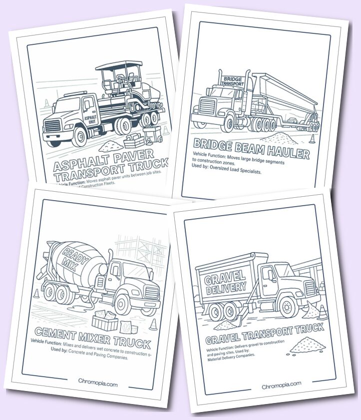Construction & Infrastructure Haulers – Transportation Vehicles Coloring Pages
