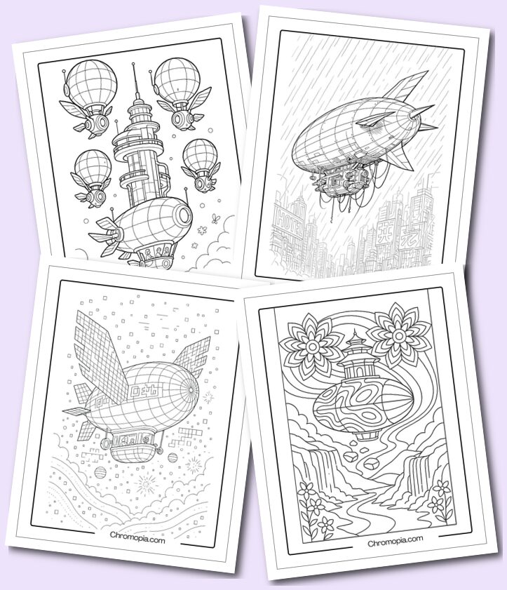 Creative and futuristic hot air balloon, airship, dirigible, zeppelin, blimp, and parachute coloring pages