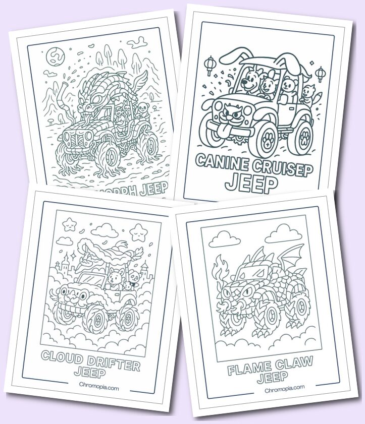 Creative, Fantasy, Futuristic & Retro Style Jeep Coloring Pages.