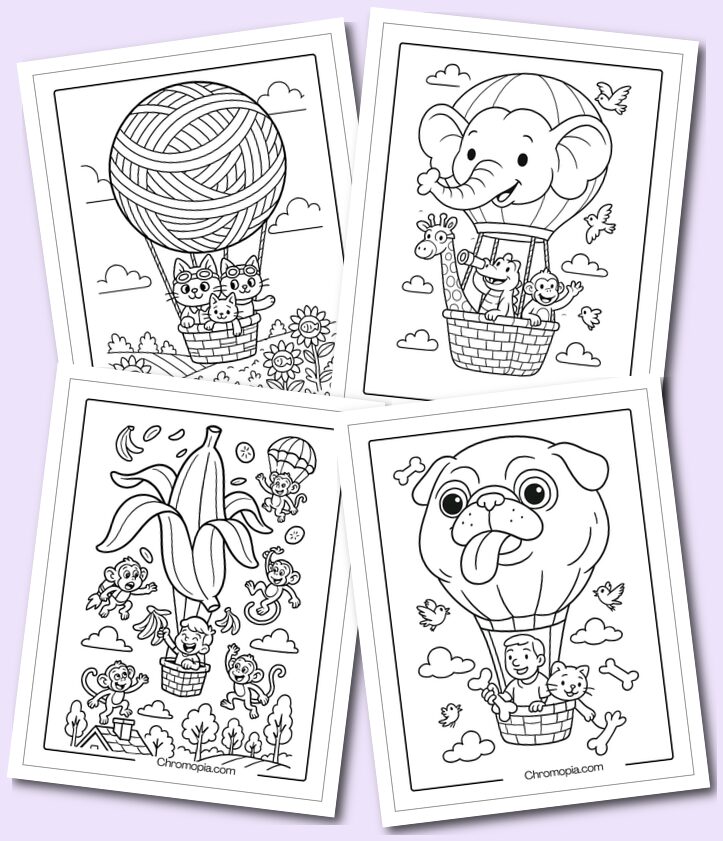 cute and Funny Cartoon Hot Air Balloon Coloring Pages