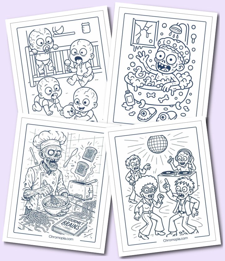Cute and funny zombies coloring pages for older kids and teens
