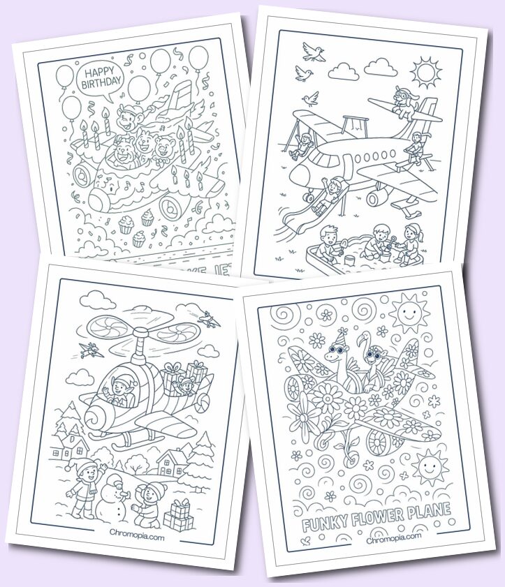 Cute, Cartoon & Celebration-Themed Aircraft coloring pages