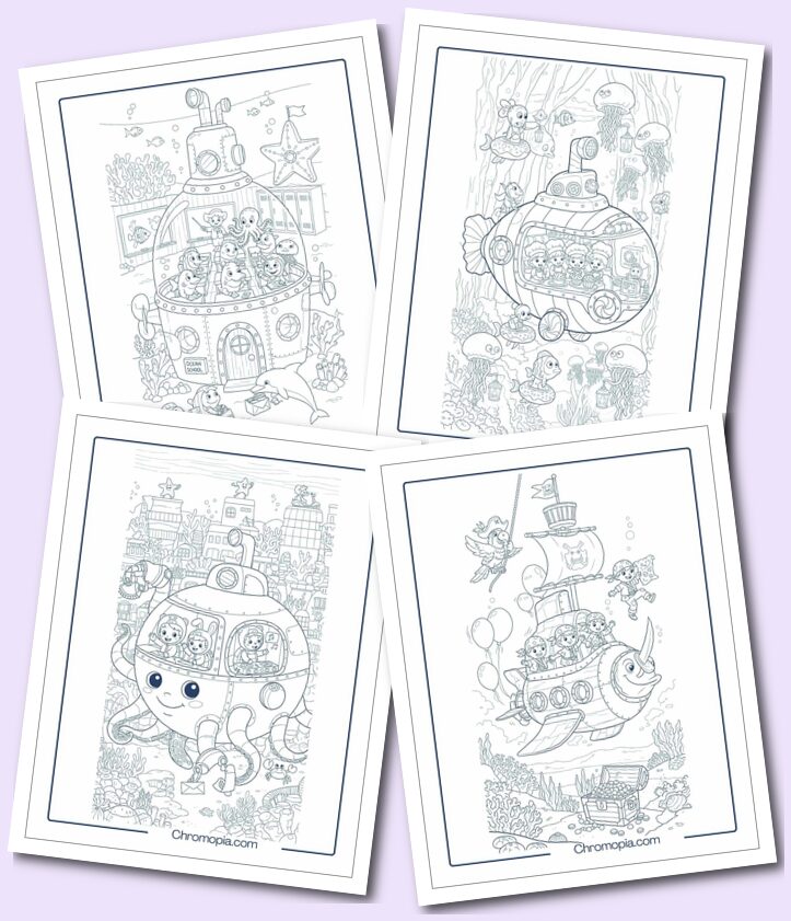Cute, Funny, Adorable Cartoon Submarine Coloring Pages for Kids