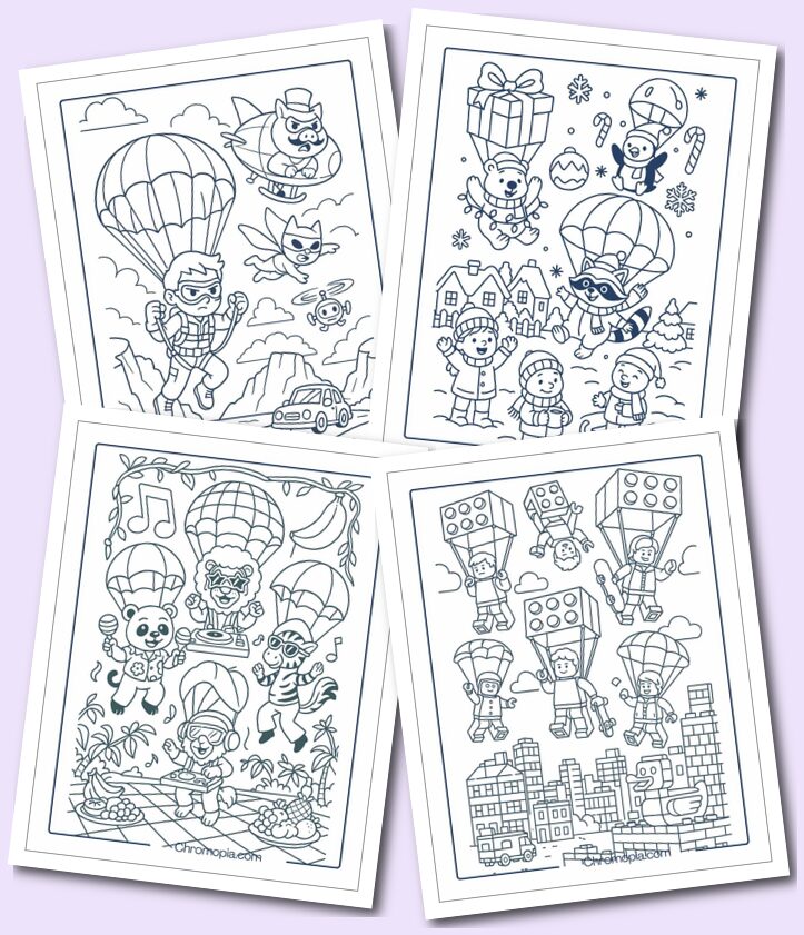 Cute, Funny Cartoon Parachute Coloring Pages