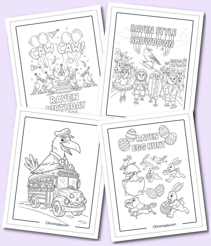 Cute Funny Cartoon Raven Coloring Pages for Kids, Teens, and Adults