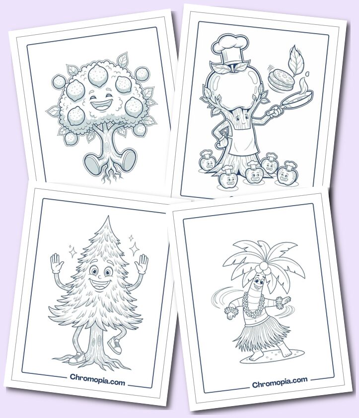 Cute, Funny & Cartoon Tree Scenes coloring pages for kids and teens