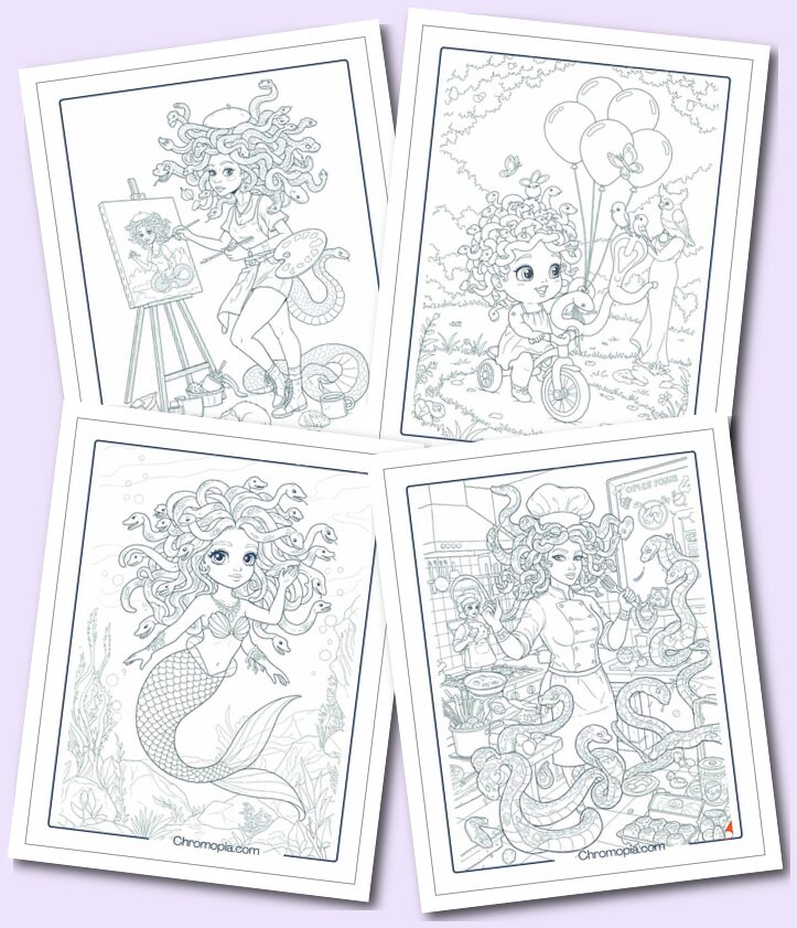 Cute Funny Medusa Coloring Pages for kids and adults