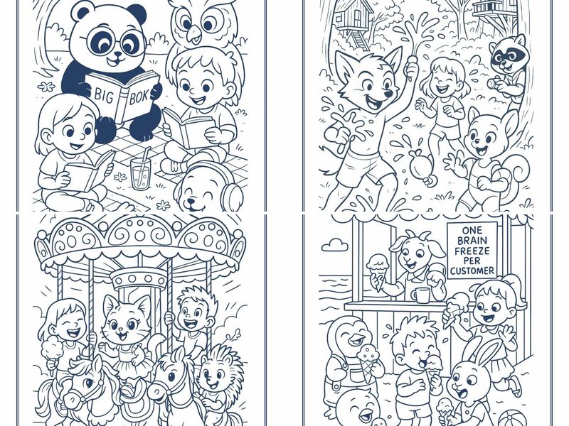 Cute Summer Animals and Kids Coloring Pages