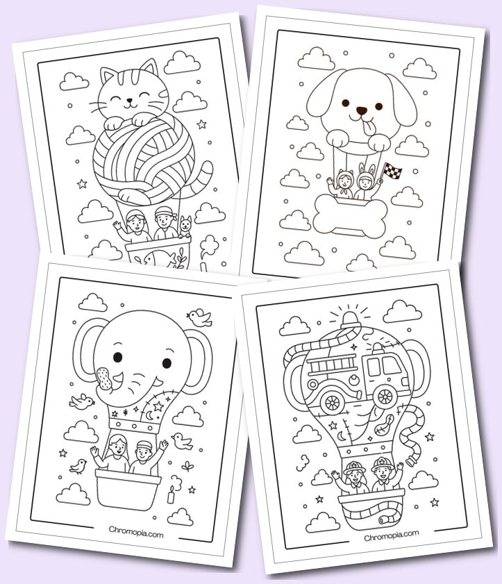 Different Animal or Vehicle Styled Hot Air Balloon Coloring Pages for Kids