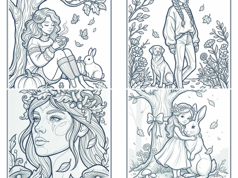 Dreamy Autumn Women Portrait Coloring Pages