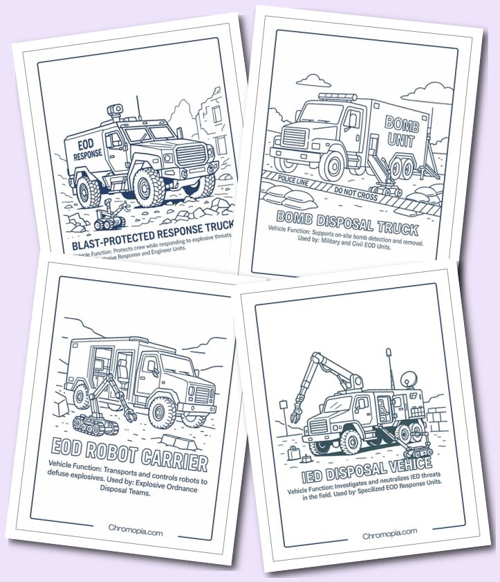 Explosives, Bomb Disposal & EOD Vehicles – Army Vehicle Coloring Pages