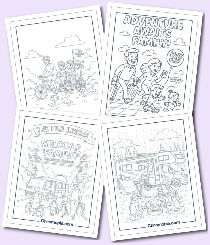 Family Coloring Pages series, focused on Vehicles, Transportation, and Travel-Themed Family Pages