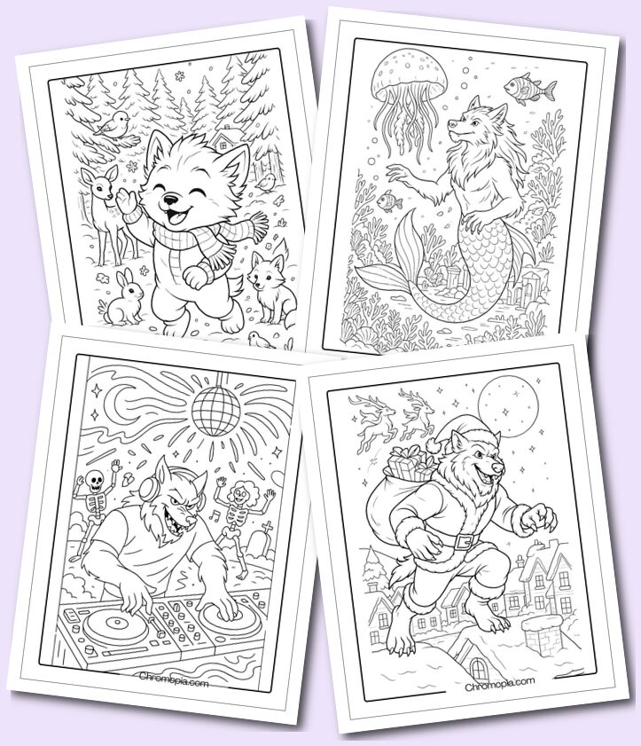 Fantasy conceptual werewolf coloring pages for adults
