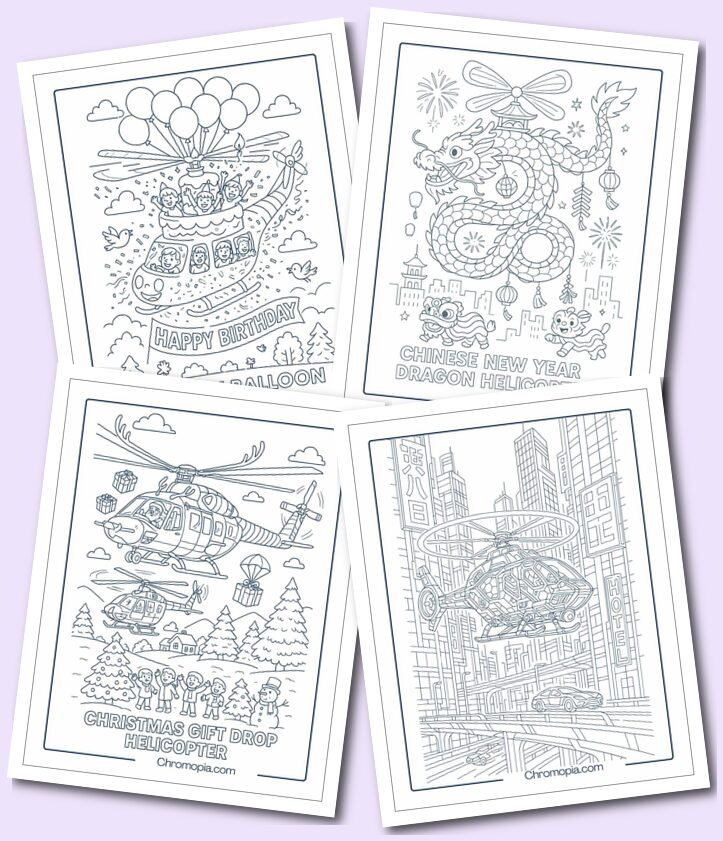 Fantasy, Holiday Themed Helicopter Coloring Pages