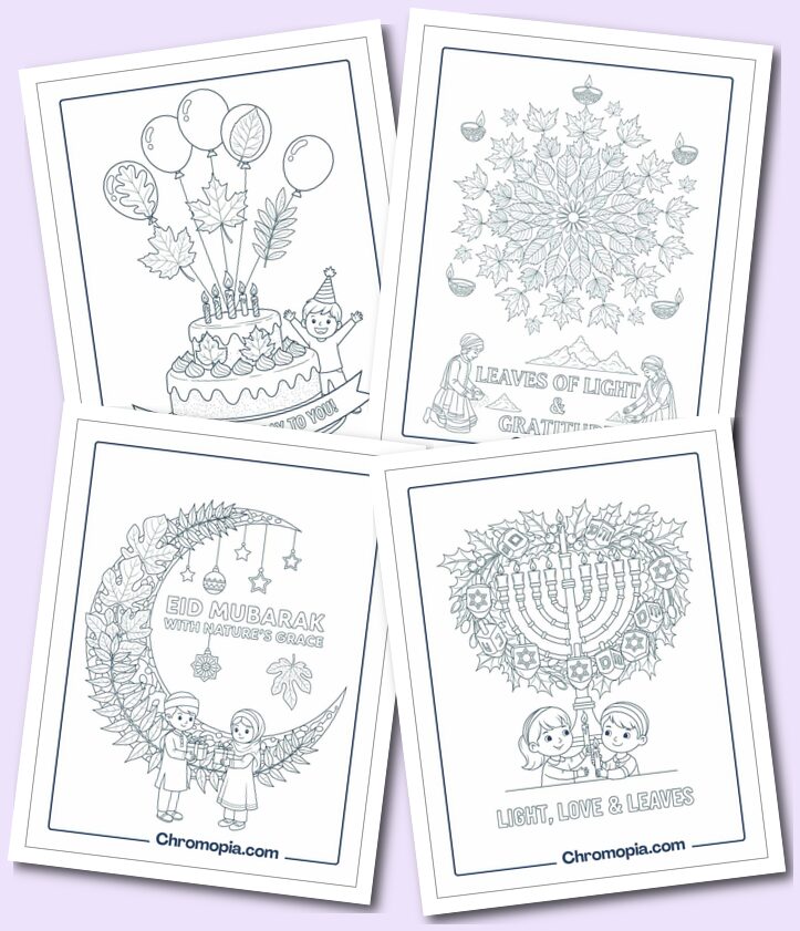 Festival, Culture & Celebration-Themed Leaves Coloring Pages for kids or Adults