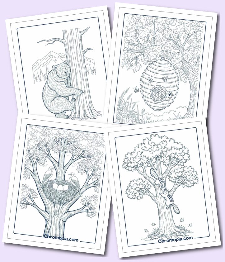 Forest Animals in Trees Coloring Pages