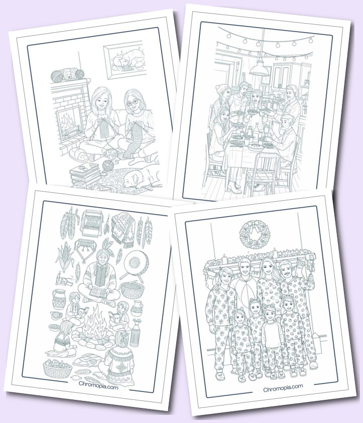 Friendsgiving, Native americans and cozy thanksgiving traditions coloring pages