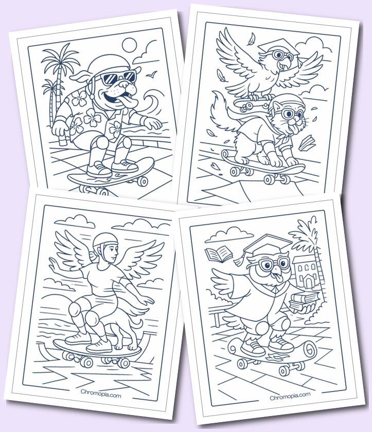 Funny Animal, Bird, Hybrid, and Superhero-Themed Skateboard Coloring Pages