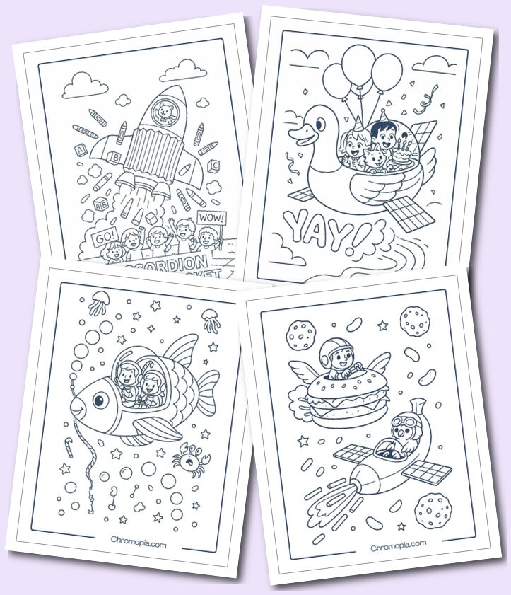 Funny, Cute, Cartoon Spacecraft Coloring Pages for kids