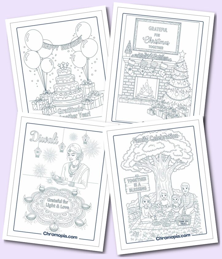 Global, Holiday, and Self-Care based Gratitude Coloring Pages