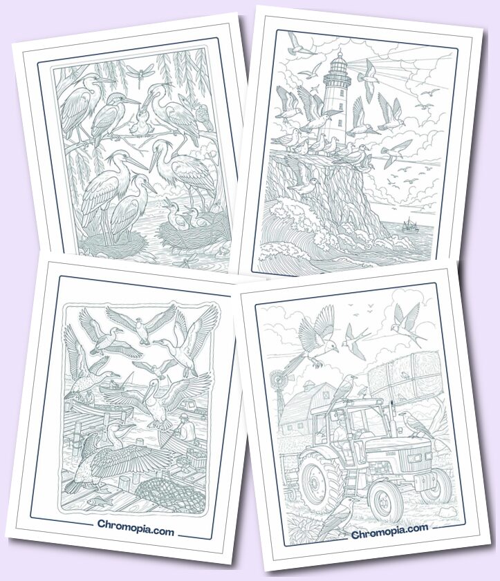 Group of Birds in Action Coloring Pages