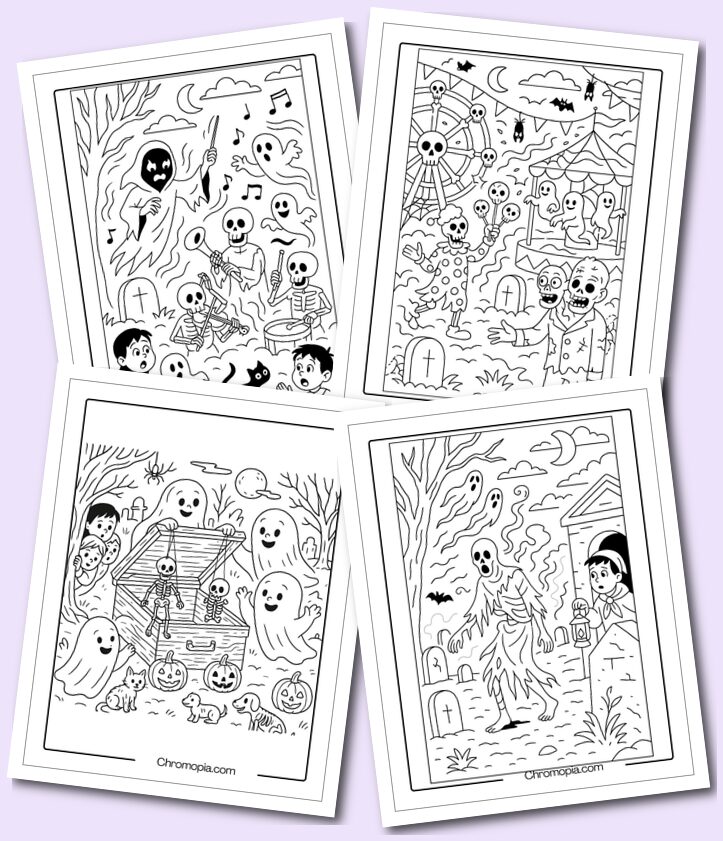 Halloween Ghostly Graveyard Activities Coloring Pages.