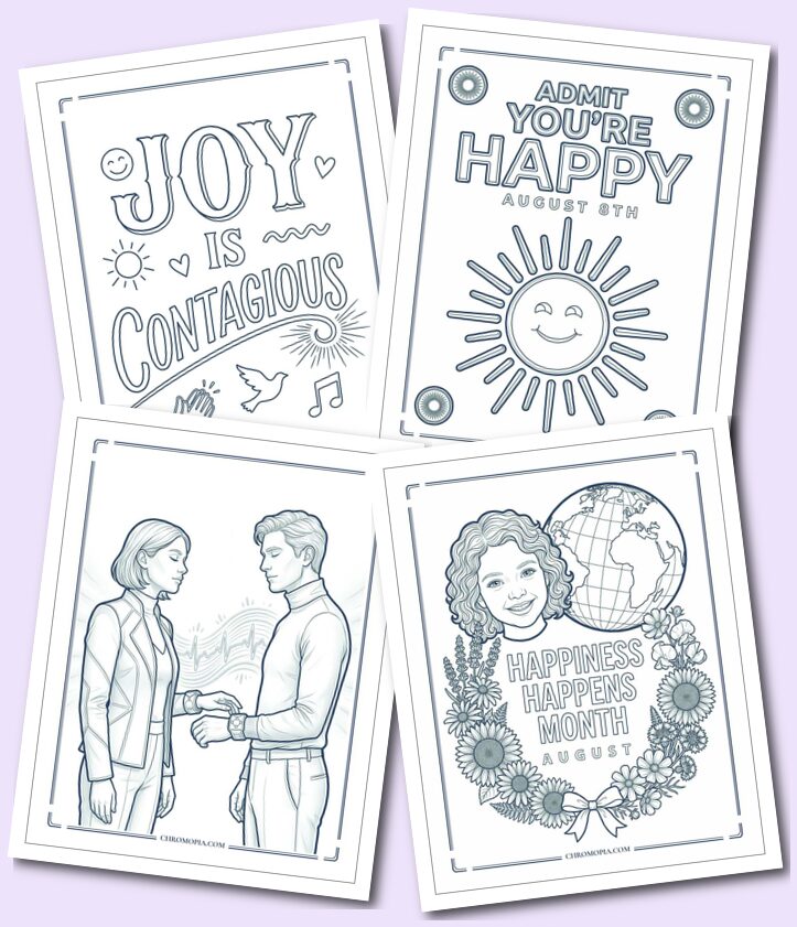 Happiness Happens Month Word Art and Celebrations Coloring Pages