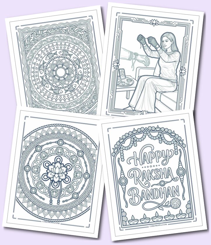 Happy Raksha Bandhan Word Art and Heritage Pattern Coloring Pages