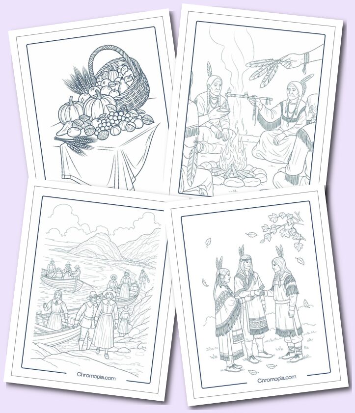 Historical and symbolic Thanksgiving coloring pages
