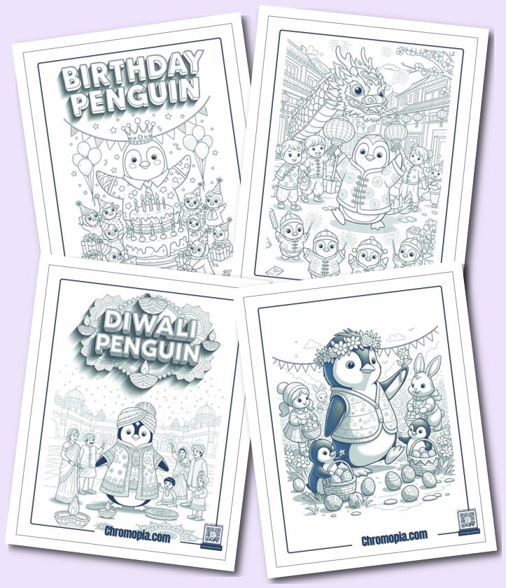 Holiday, Celebrations and Winter Themed Penguin Coloring Pages