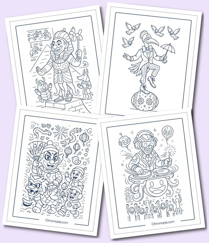 Holiday Clowns Around the World, Superhero Clowns, Animal Clowns coloring pages