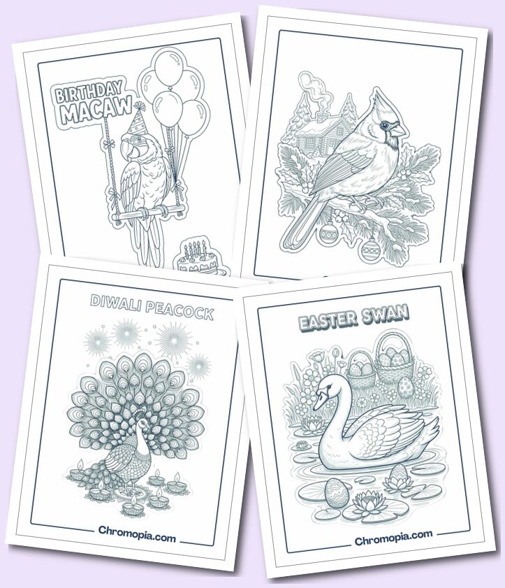 Holiday & Fantasy Birds Coloring Pages