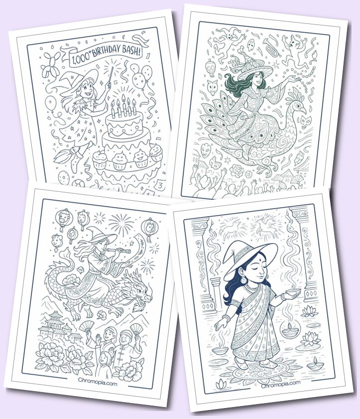 Holiday, Festival, and Celebration-Themed Witch Coloring Pages