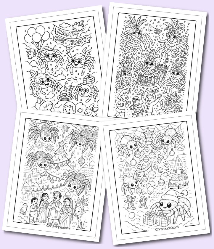 holiday-themed celebrations, fantasy spider worlds coloring pages
