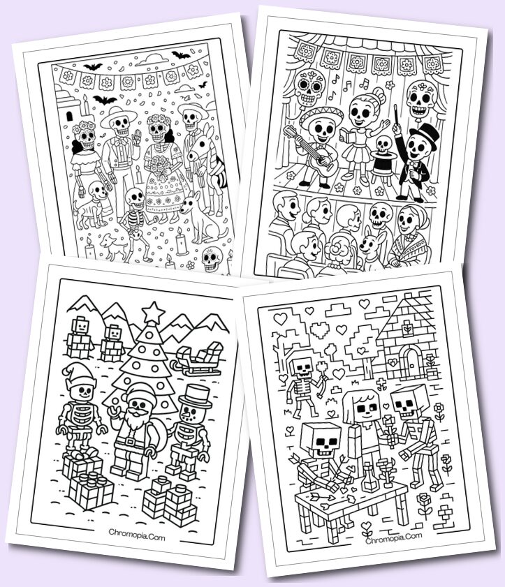 Holiday themed characters skeleton coloring pages
