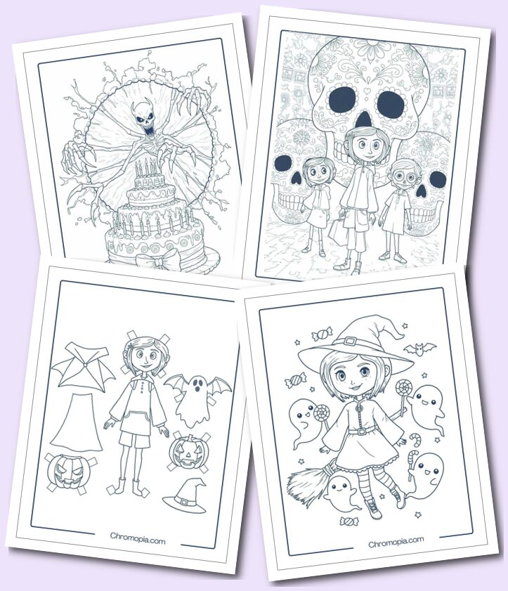Holiday themed Coraline coloring sheets for teens and adults