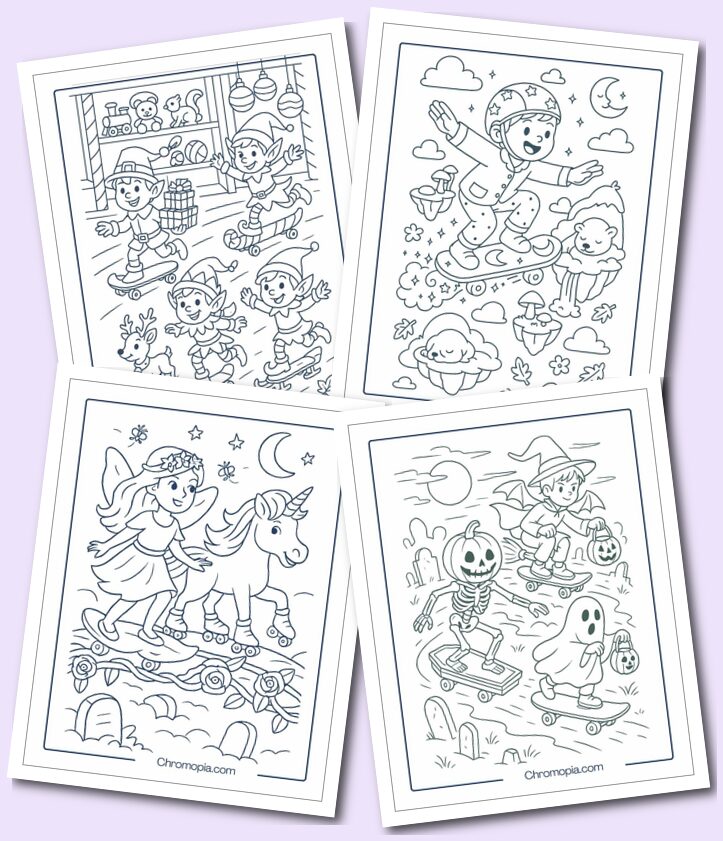 Holiday-Themed, Fantasy, and Dream-Inspired Skateboard Coloring Pages