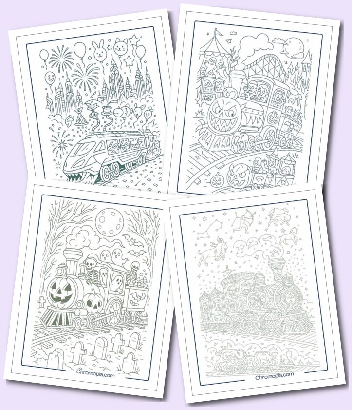 Holiday-Themed, Whimsical Fantasy, Futuristic, Surreal & Mandala Creative Train Coloring Pages