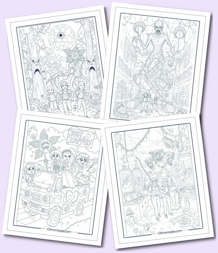 Horror style and celebrations themed Stranger Things coloring sheets