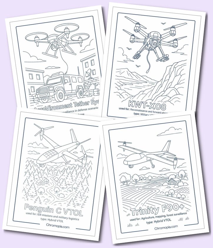 Hybrid VTOL (Vertical Take-Off and Landing) Drones coloring pages