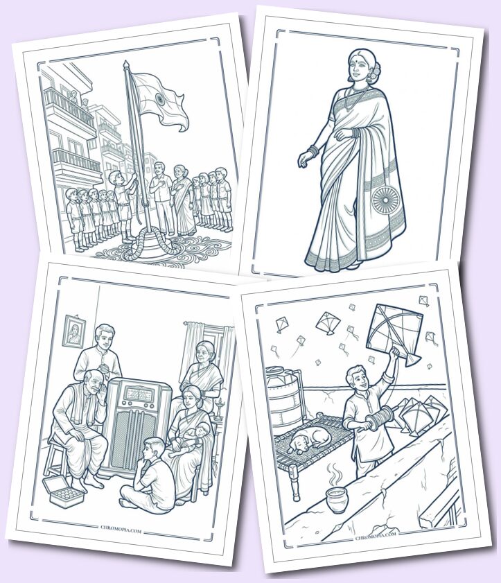 Indian Independence Day August 15 Traditional and Modern Celebrations Coloring Pages