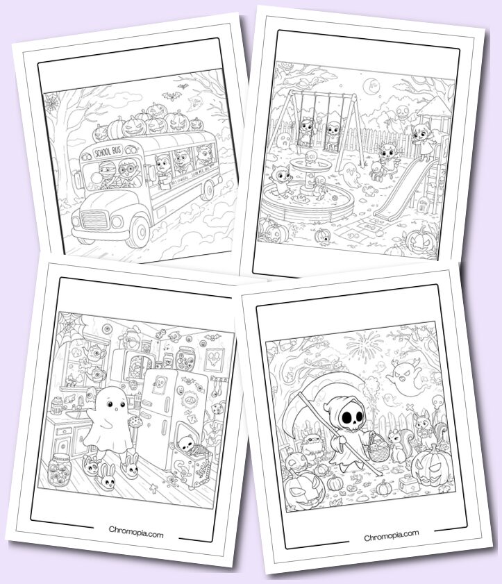 Kid-friendly funny scary, horror, spooky creepy coloring pages