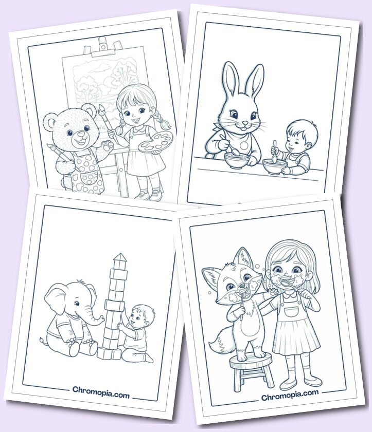 Kids and animals activities coloring pages