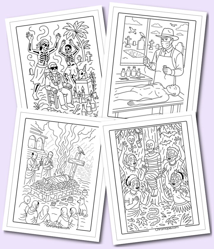 Live scary Traditional Cremation & Death Ritual Scenes Graveyard Coloring Pages