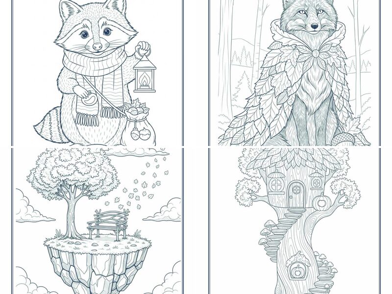 Magical Autumn Spirit Animals Fairy Houses Coloring Pages
